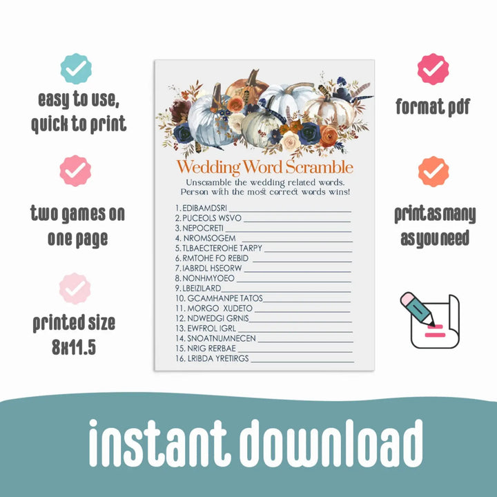 Rustic Pumpkin Bridal Shower Word Scramble Instant Download Autumn Floral - Paper Clever Party
