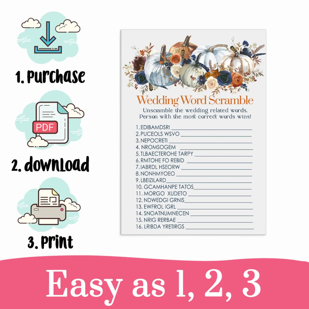 Rustic Pumpkin Bridal Shower Word Scramble Instant Download Autumn Floral - Paper Clever Party