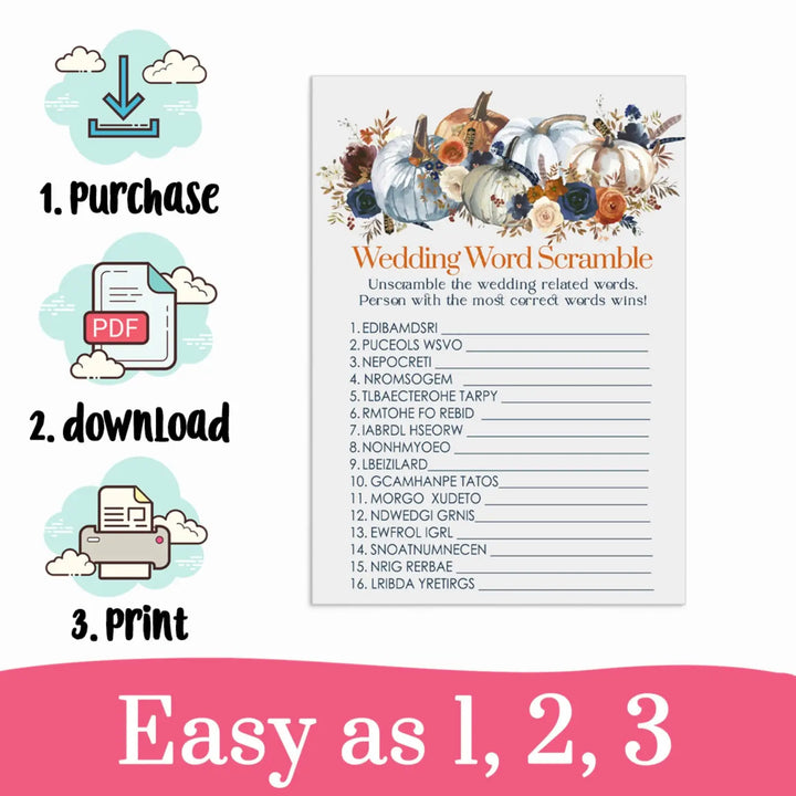 Rustic Pumpkin Bridal Shower Word Scramble Instant Download Autumn Floral - Paper Clever Party
