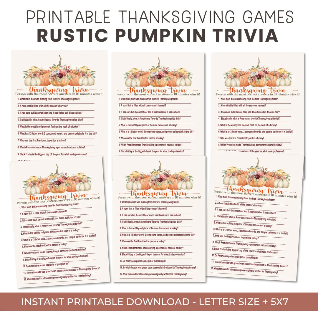 Rustic pumpkin thanksgiving trivia game printable – digital download with answer key 5x7 cards instant holiday party