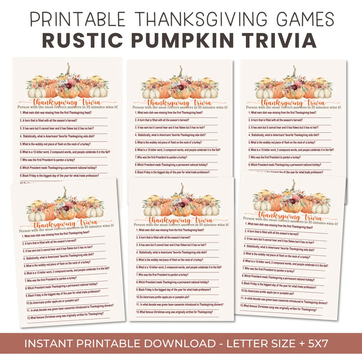 Rustic pumpkin thanksgiving trivia game printable – digital download with answer key 5x7 cards instant holiday party