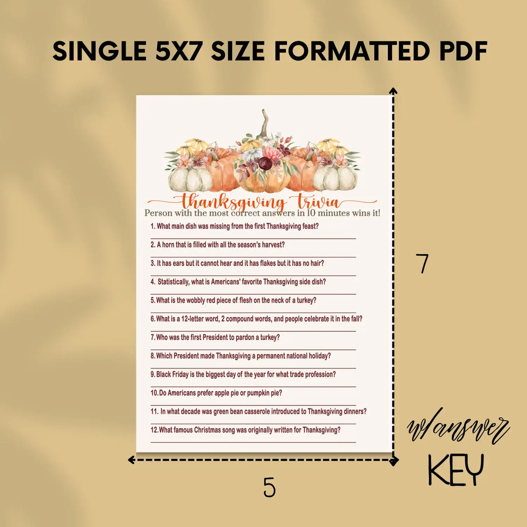 Rustic pumpkin thanksgiving trivia game printable – digital download with answer key 5x7 cards instant holiday party