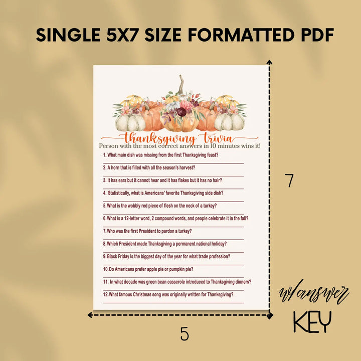 Rustic pumpkin thanksgiving trivia game printable – digital download with answer key 5x7 cards instant holiday party