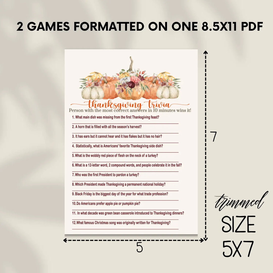 Rustic pumpkin thanksgiving trivia game printable – digital download with answer key 5x7 cards instant holiday party