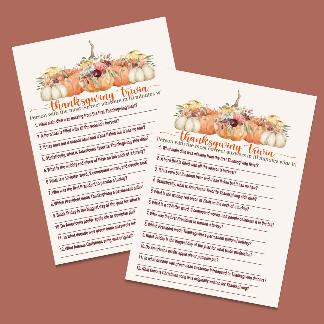 Rustic pumpkin thanksgiving trivia game printable – digital download with answer key 5x7 cards instant holiday party