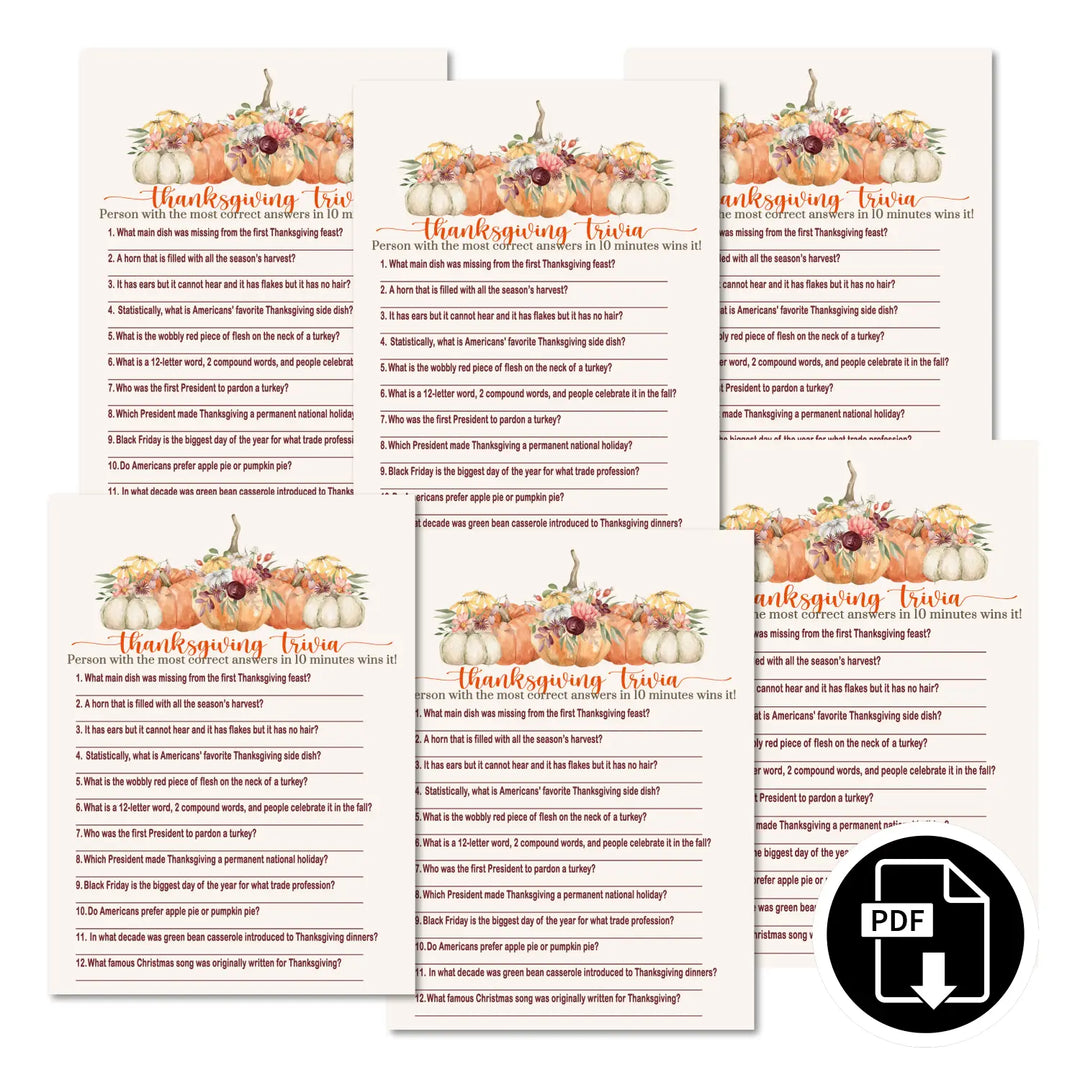 Rustic pumpkin thanksgiving trivia game printable – digital download with answer key 5x7 cards instant holiday party