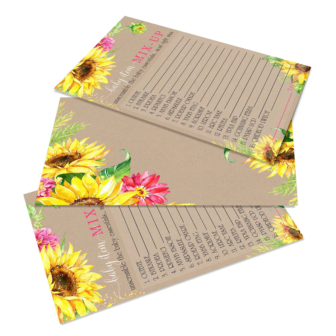 Rustic Sunflower Baby Shower Word Scramble Game - 25 Pack for Gender Reveal & Girls’ Events - Paper Clever Party