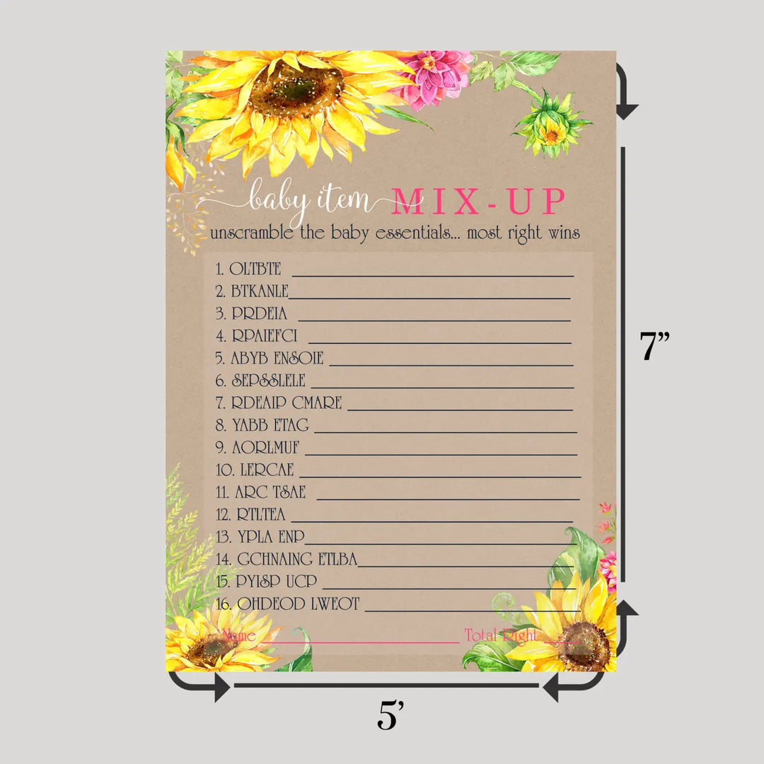 Rustic Sunflower Baby Shower Word Scramble Game - 25 Pack for Gender Reveal & Girls’ Events - Paper Clever Party