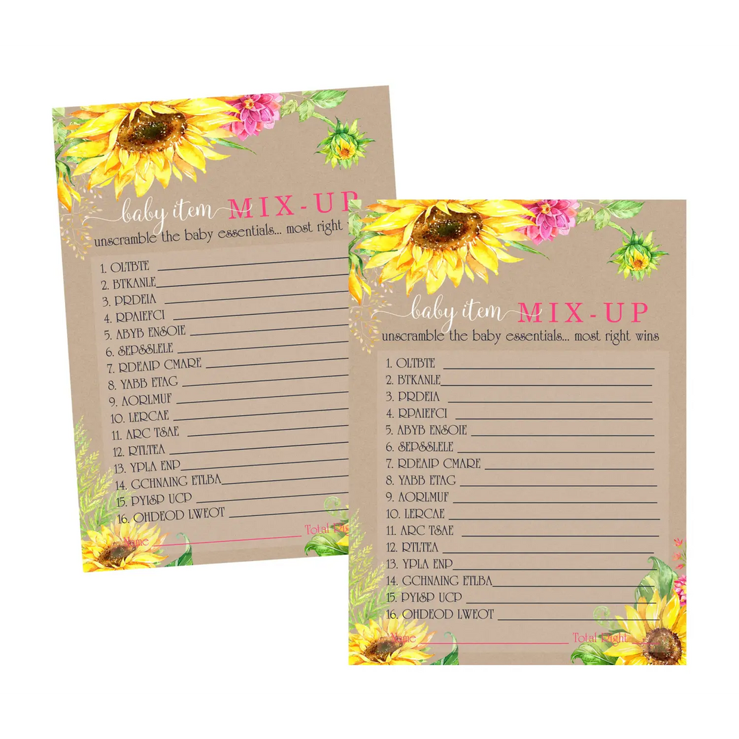 Rustic Sunflower Baby Shower Word Scramble Game - 25 Pack for Gender Reveal & Girls’ Events - Paper Clever Party