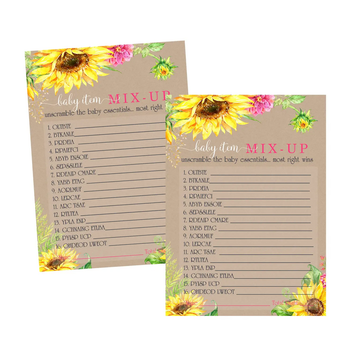 Rustic Sunflower Baby Shower Word Scramble Game - 25 Pack for Gender Reveal & Girls’ Events - Paper Clever Party