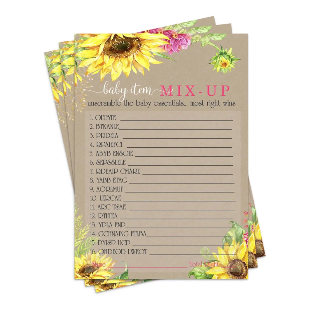 Rustic Sunflower Baby Shower Word Scramble Game - 25 Pack for Gender Reveal & Girls’ Events - Paper Clever Party