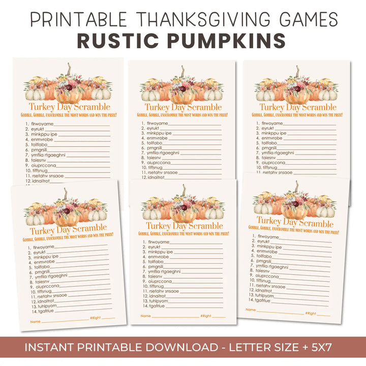 Rustic thanksgiving day word scramble printable – digital download with pumpkin design answer key 5x7 letter size