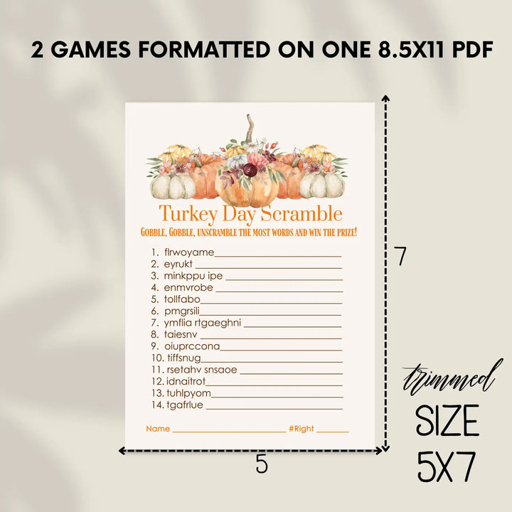 Rustic thanksgiving day word scramble printable – digital download with pumpkin design answer key 5x7 letter size