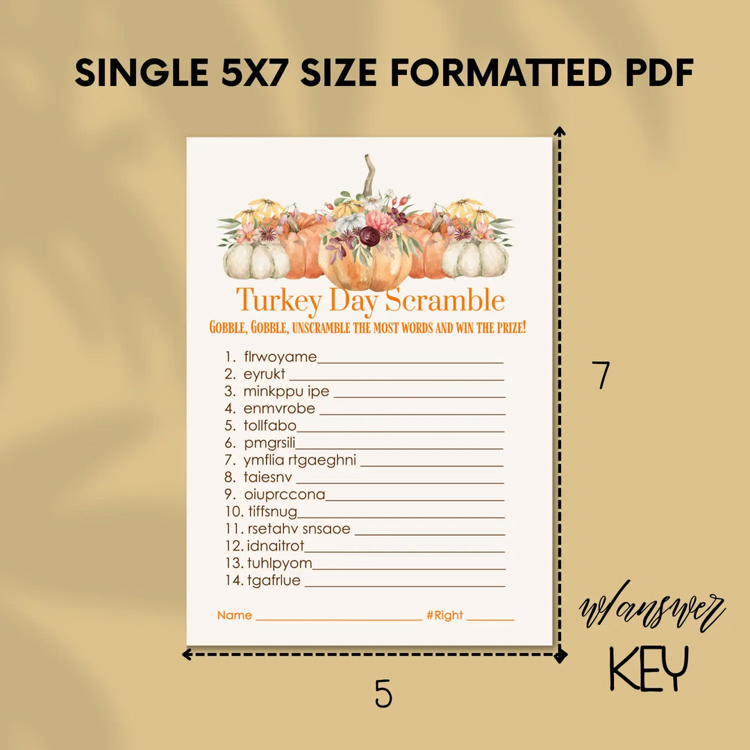 Rustic thanksgiving day word scramble printable – digital download with pumpkin design answer key 5x7 letter size