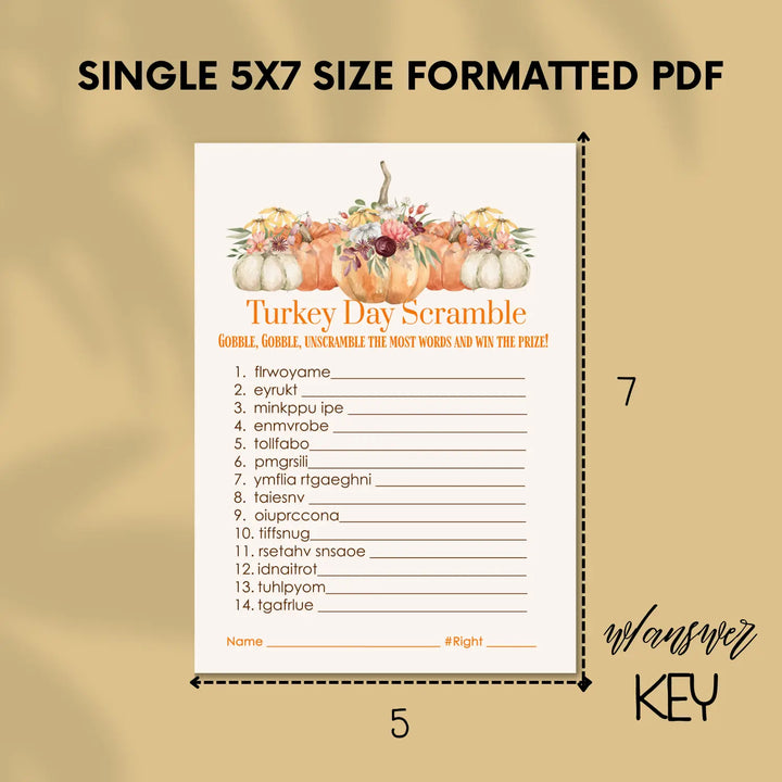 Rustic thanksgiving day word scramble printable – digital download with pumpkin design answer key 5x7 letter size