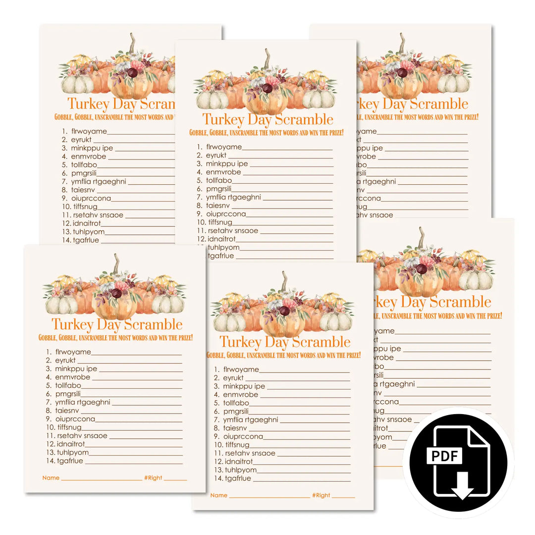 Rustic thanksgiving day word scramble printable – digital download with pumpkin design answer key 5x7 letter size