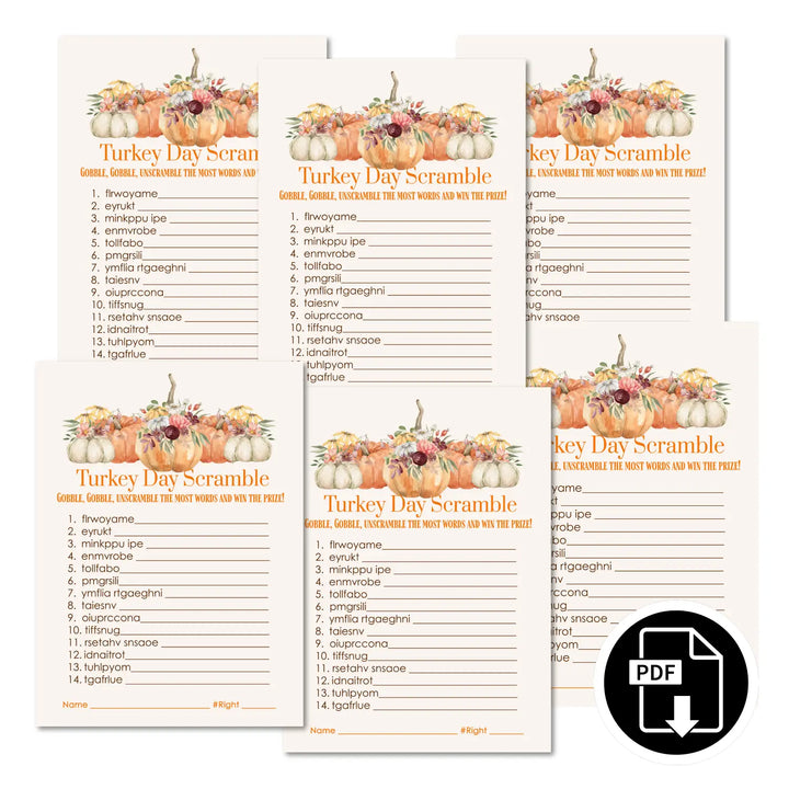 Rustic thanksgiving day word scramble printable – digital download with pumpkin design answer key 5x7 letter size
