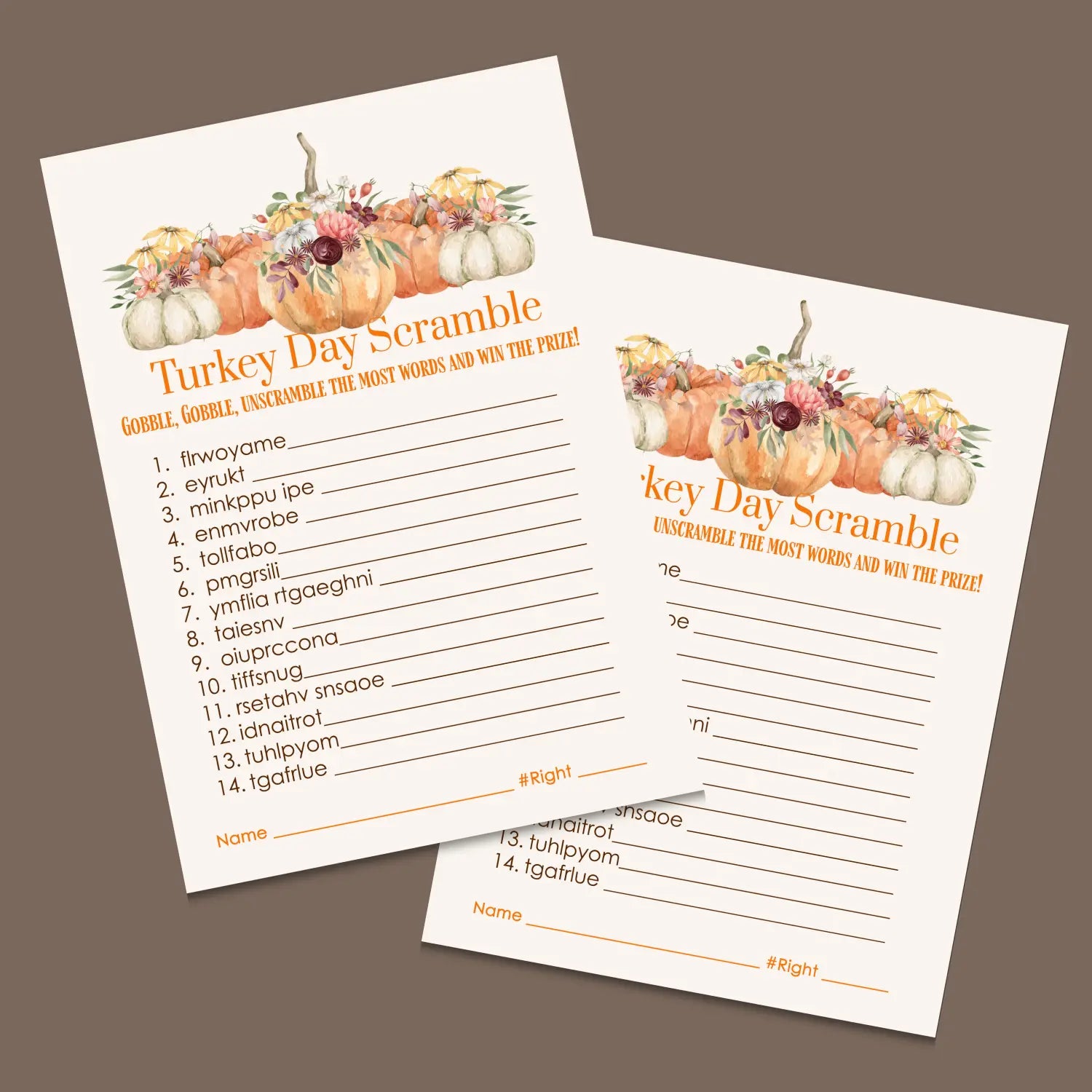 Rustic thanksgiving day word scramble printable – digital download with pumpkin design answer key 5x7 letter size