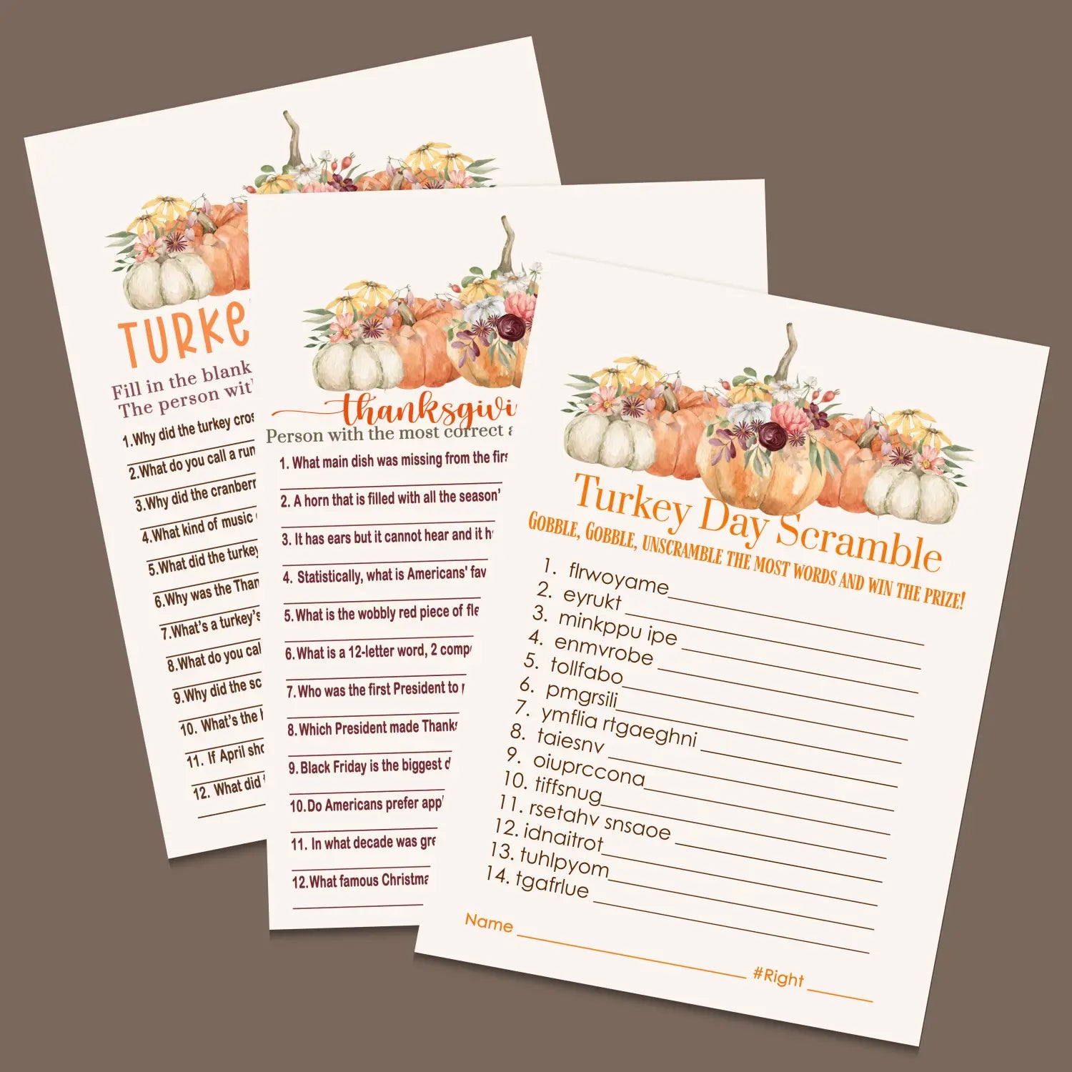 Rustic thanksgiving game set printable word scramble trivia grandpa jokes instant download holiday activity pack