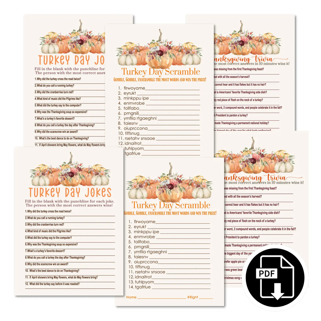 Rustic thanksgiving game set printable word scramble trivia grandpa jokes instant download holiday activity pack