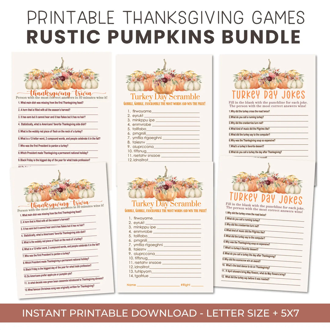 Rustic thanksgiving game set printable word scramble trivia grandpa jokes instant download holiday activity pack