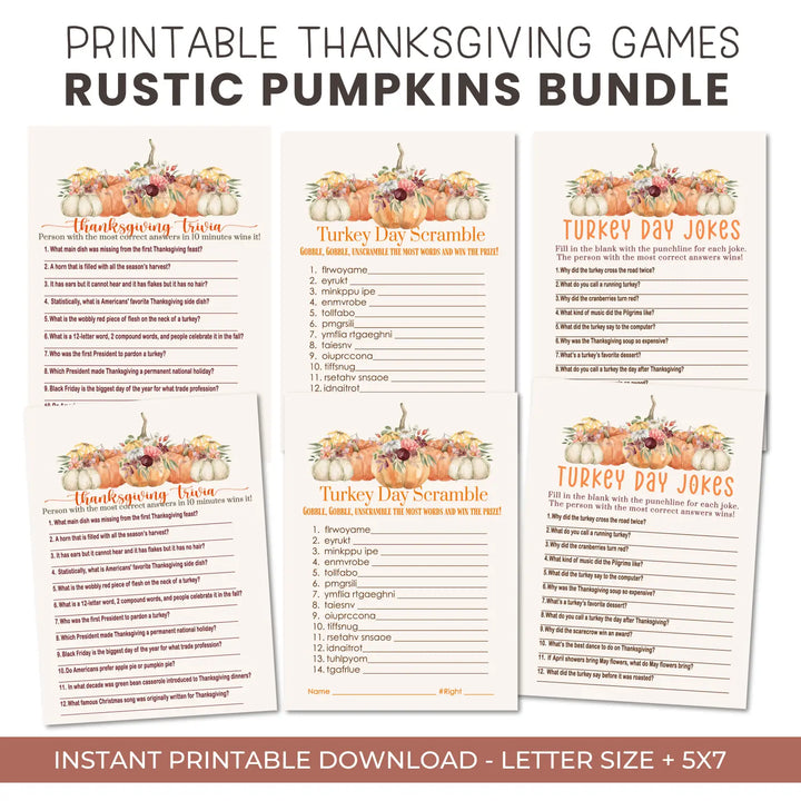 Rustic thanksgiving game set printable word scramble trivia grandpa jokes instant download holiday activity pack