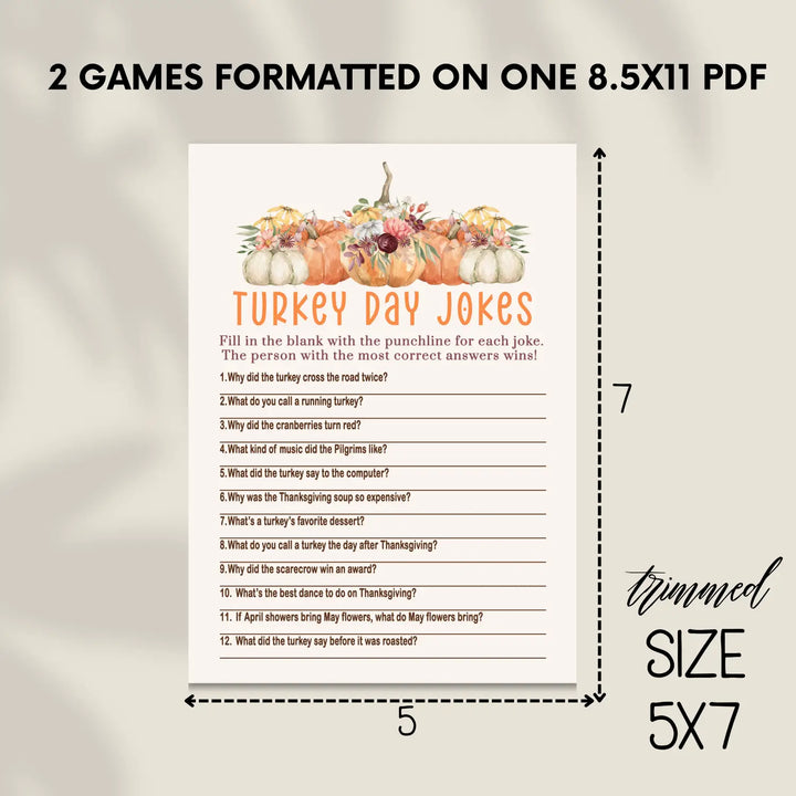Rustic thanksgiving jokes game printable hilarious family fun – pumpkin design digital download 5x7 cards instant pdf