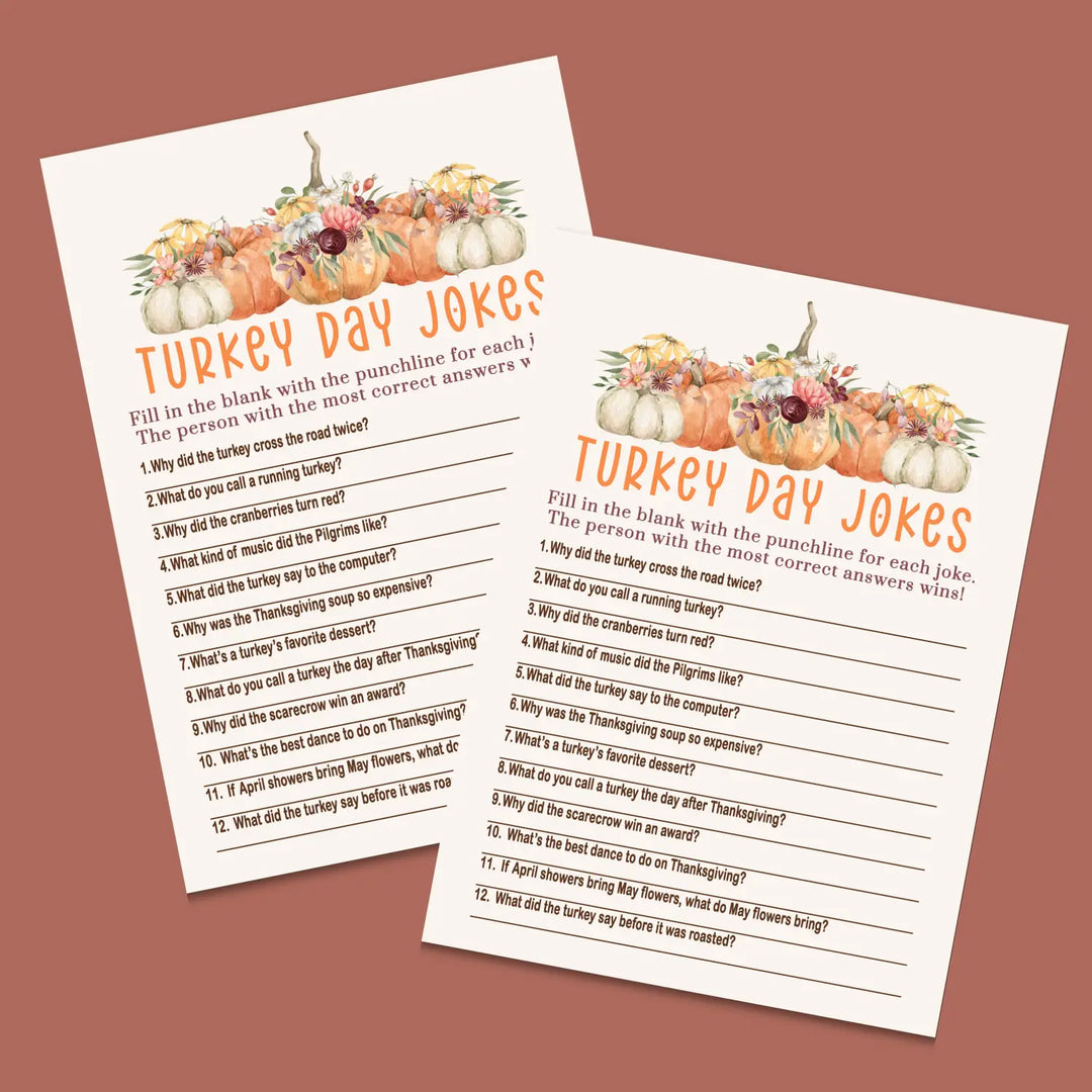 Rustic thanksgiving jokes game printable hilarious family fun – pumpkin design digital download 5x7 cards instant pdf