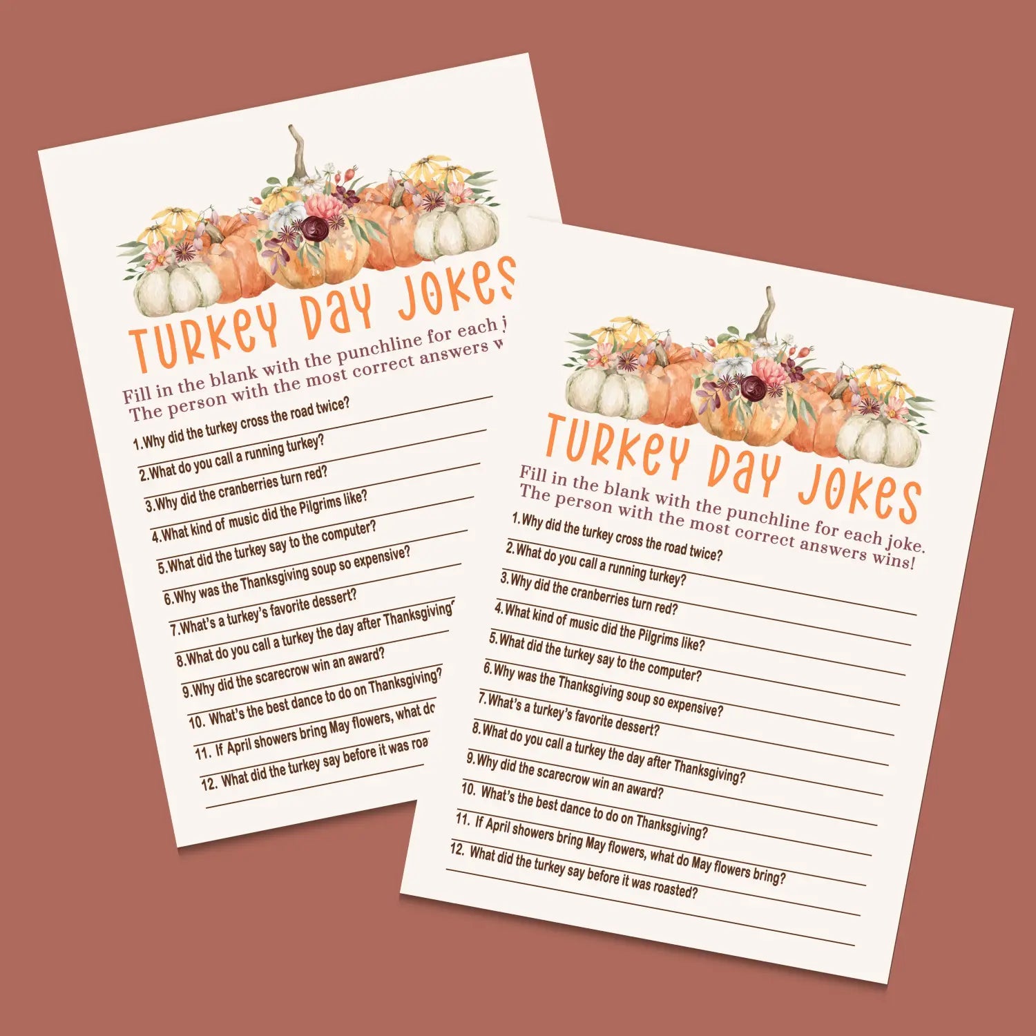 Rustic thanksgiving jokes game printable hilarious family fun – pumpkin design digital download 5x7 cards instant pdf