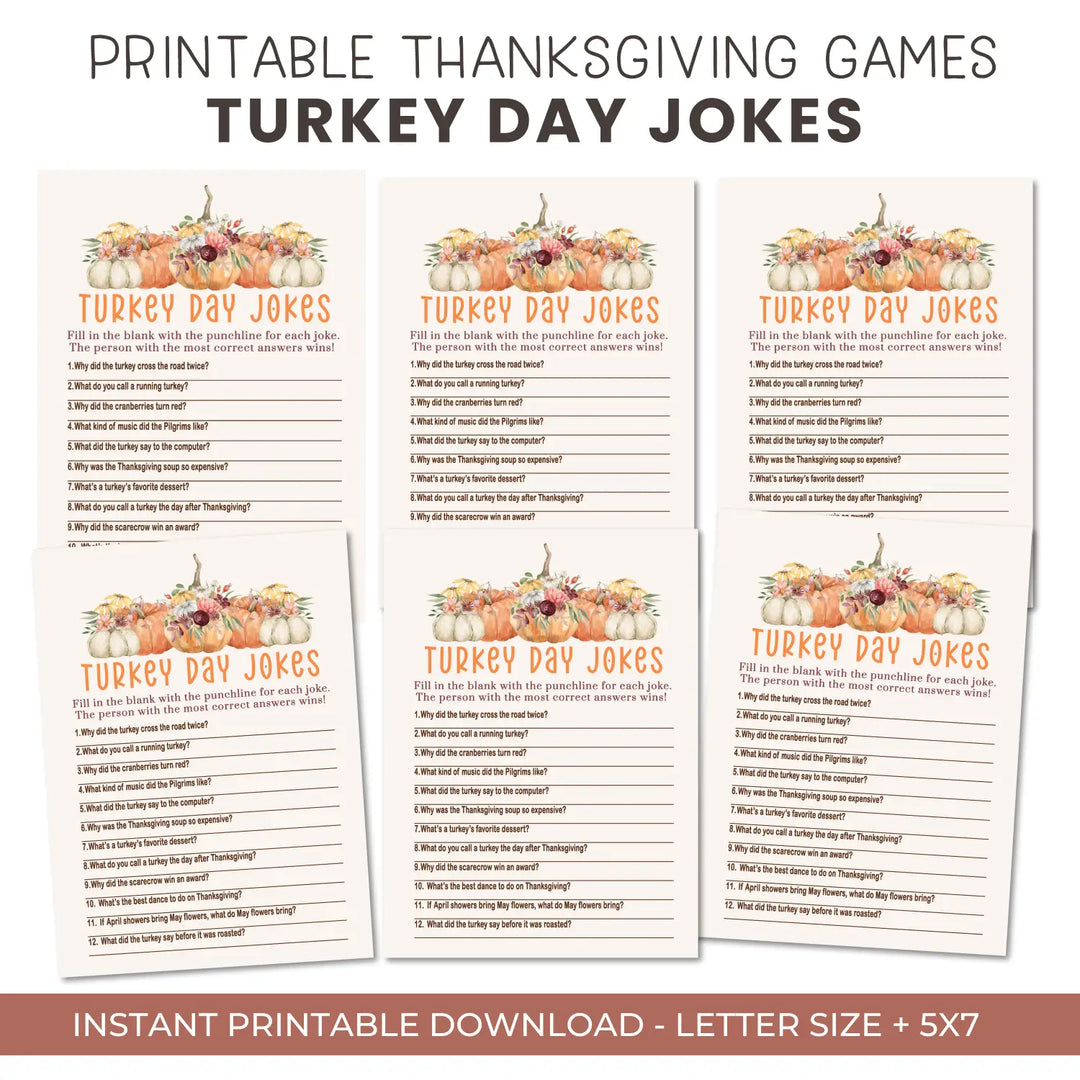 Rustic thanksgiving jokes game printable hilarious family fun – pumpkin design digital download 5x7 cards instant pdf