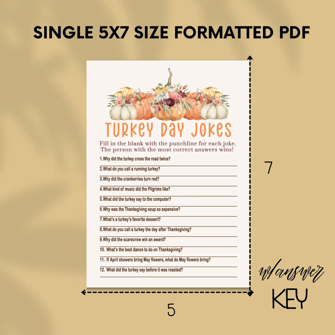 Rustic thanksgiving jokes game printable hilarious family fun – pumpkin design digital download 5x7 cards instant pdf