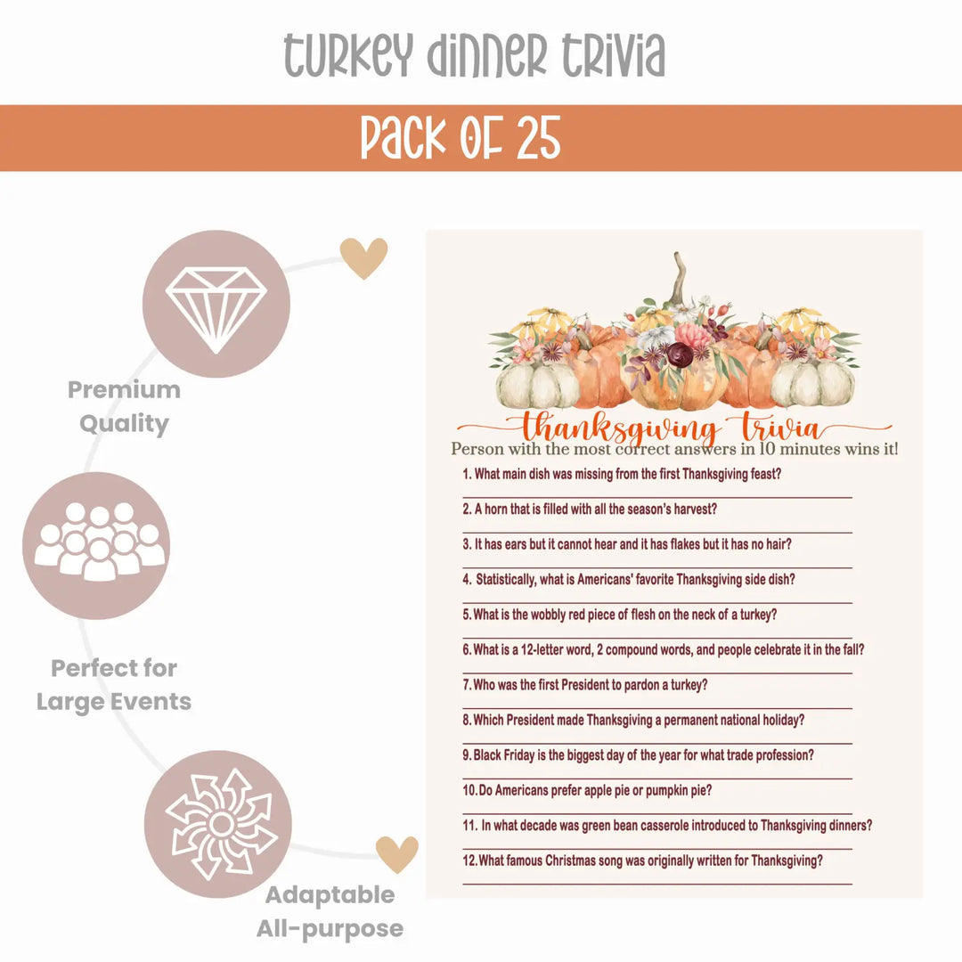 Rustic Thanksgiving Trivia Game - Fun Party Activity for Adults, Family & Friendsgiving - Pumpkin Floral Design - 25 Guests - Paper Clever Party