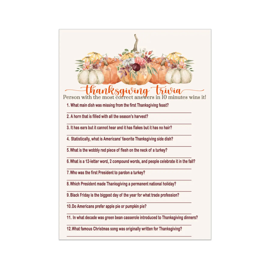 Rustic Thanksgiving Trivia Game - Fun Party Activity for Adults, Family & Friendsgiving - Pumpkin Floral Design - 25 Guests - Paper Clever Party