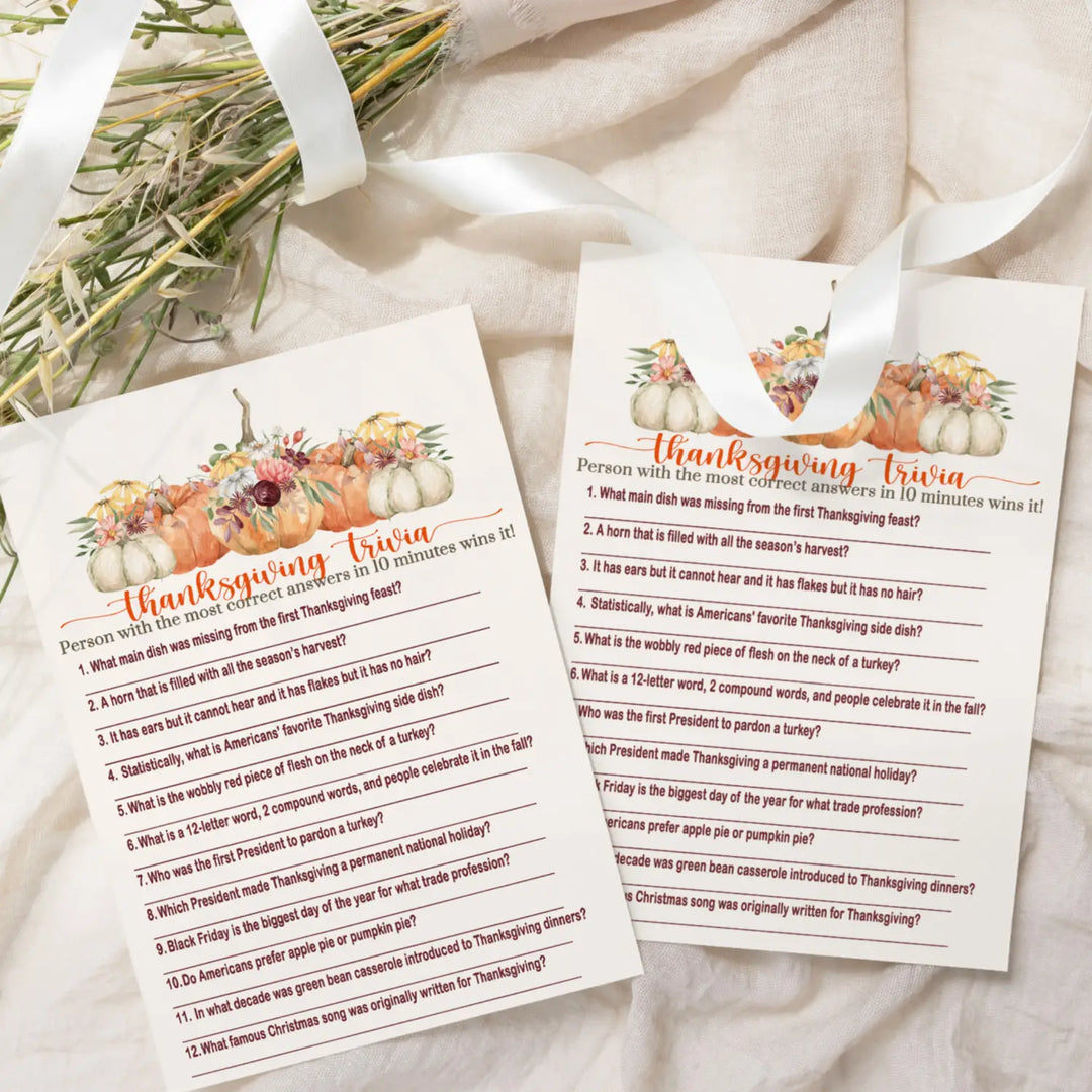 Rustic Thanksgiving Trivia Game - Fun Party Activity for Adults, Family & Friendsgiving - Pumpkin Floral Design - 25 Guests - Paper Clever Party