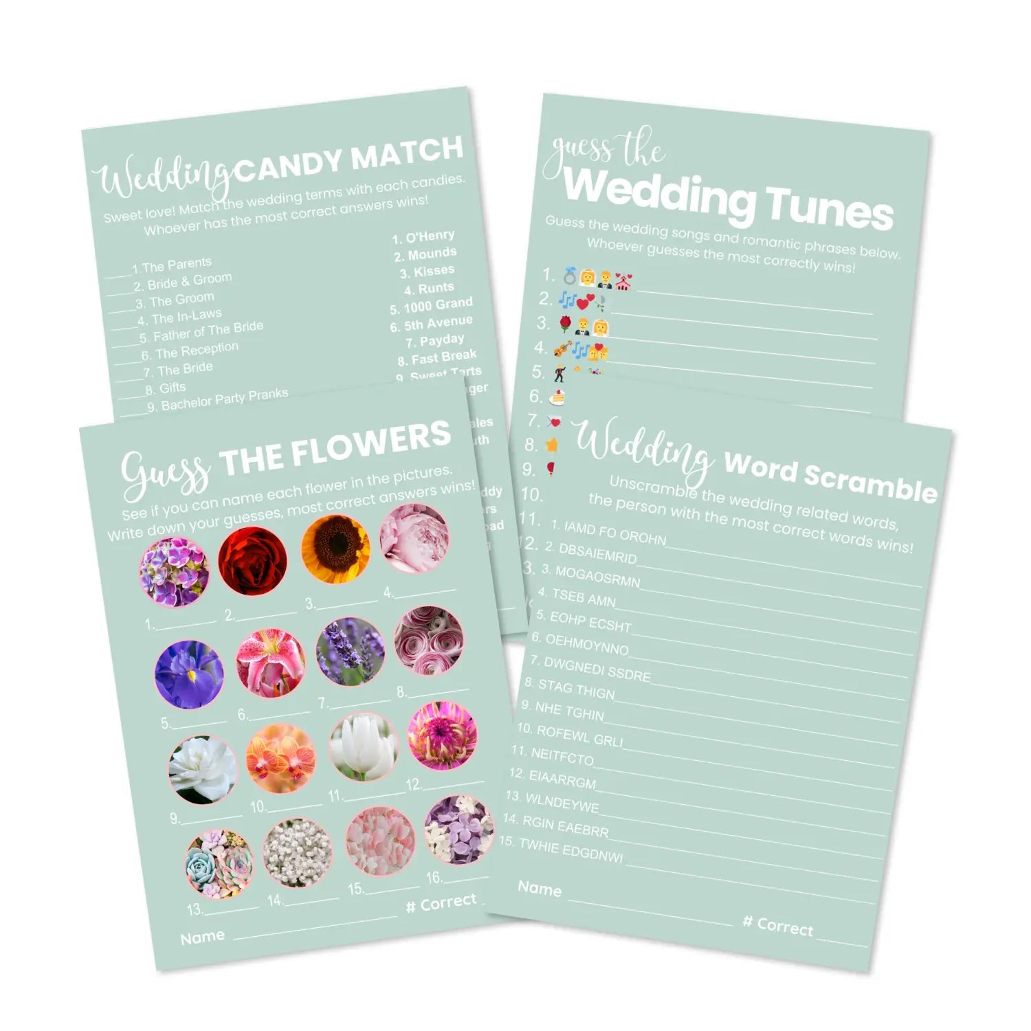 Sage elegance bridal shower game bundle - instant download of 4 fun wedding games with answer keys - party
