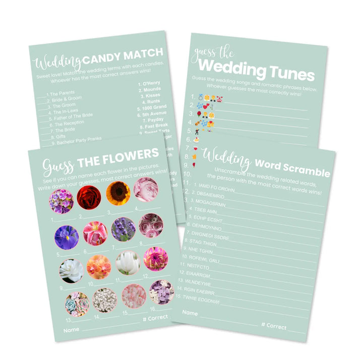 Sage elegance bridal shower game bundle - instant download of 4 fun wedding games with answer keys - party