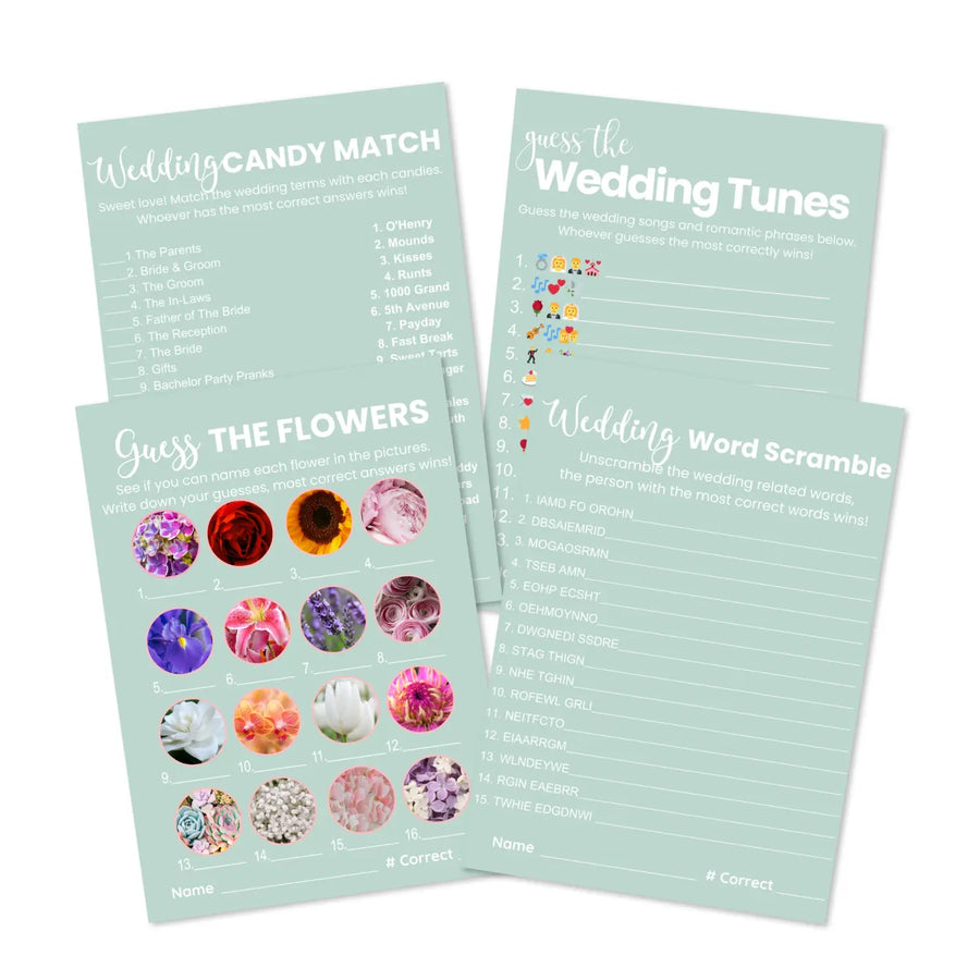 Sage elegance bridal shower game bundle - instant download of 4 fun wedding games with answer keys - party