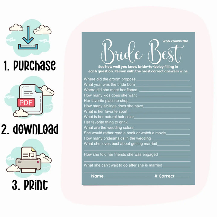 Seaside bridal shower game printables - instant download wedding games - groom and bride say best over or under - party