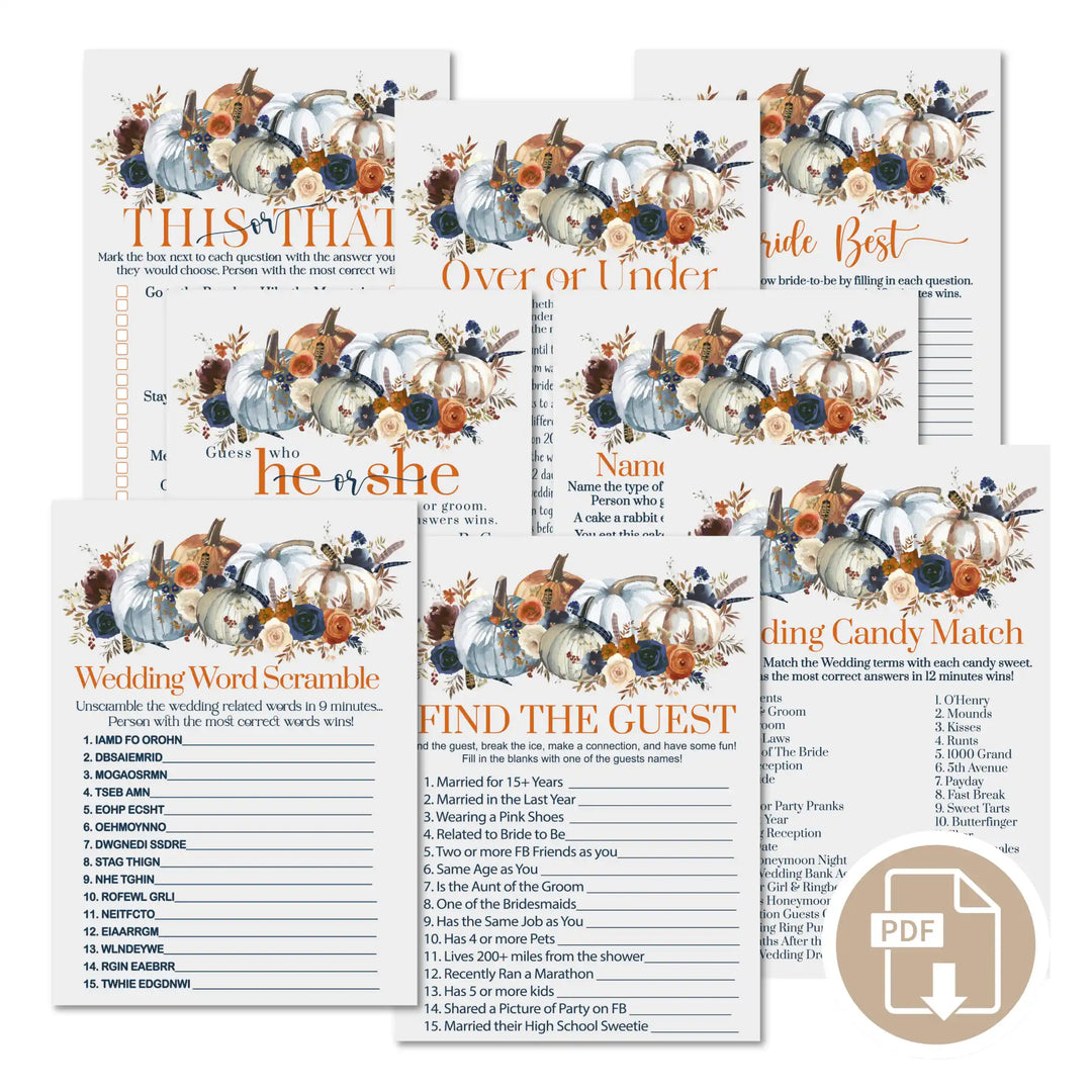 A set of fall-themed bridal shower games.
