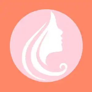 Simple silhouette profile of flowing hair and facial features in a circular design.