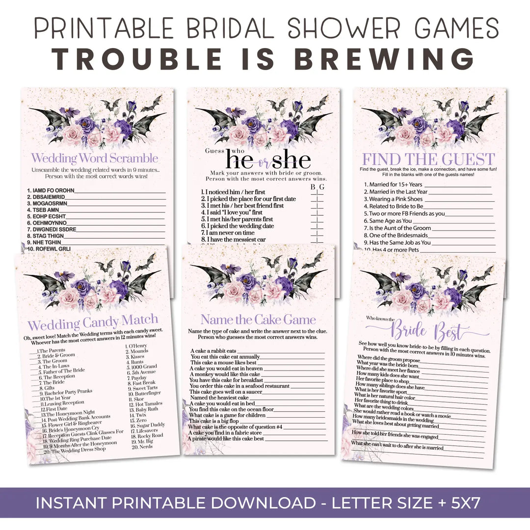 Skull and floral bridal shower game instant download 6 games printable fun for halloween wedding celebrations pdf