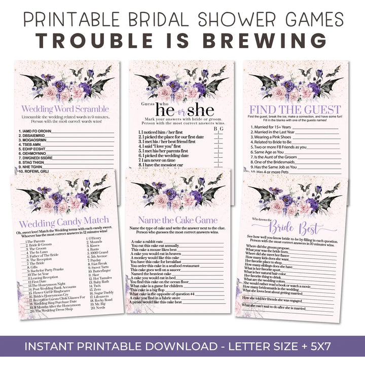 Skull and floral bridal shower game instant download 6 games printable fun for halloween wedding celebrations pdf