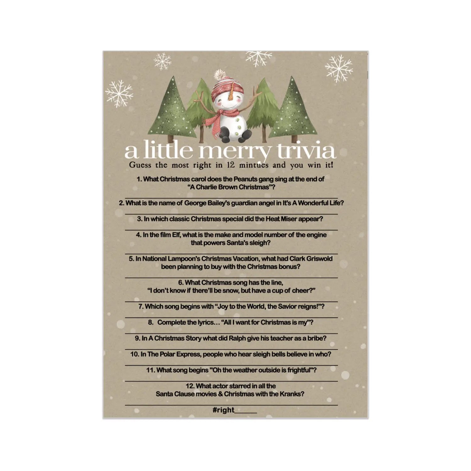 Snow much fun trivia game holiday party activity with movie and song questions for adults office group snowman