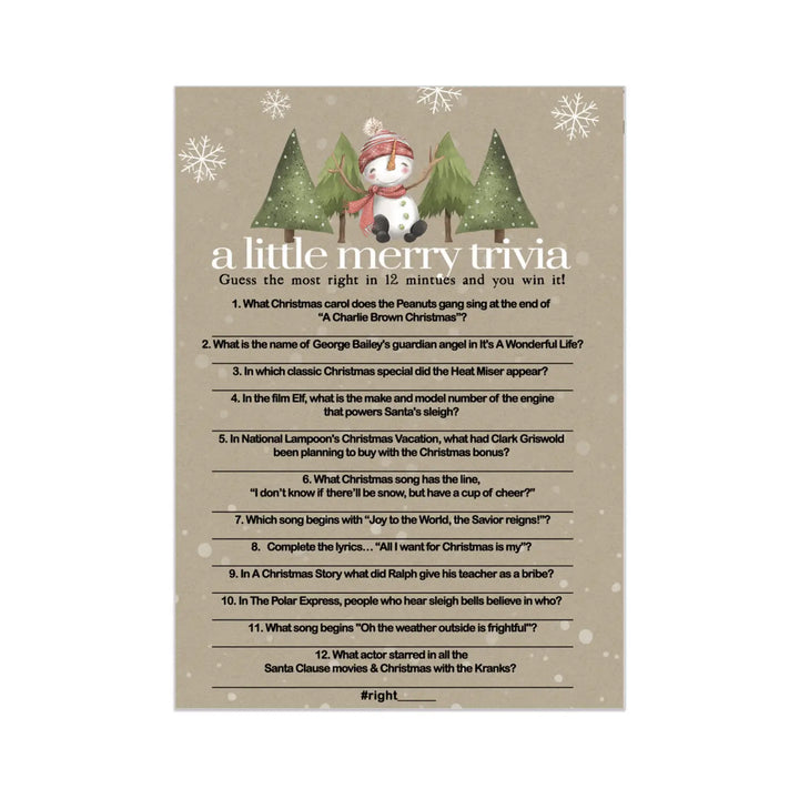 Snow Much Fun Trivia Game Holiday Party Activity with Movie and Song Questions for Adults, Office, Group, Snowman Thanksgiving, 25 Pack, 5x7 Cards, Version 4 - Paper Clever Party