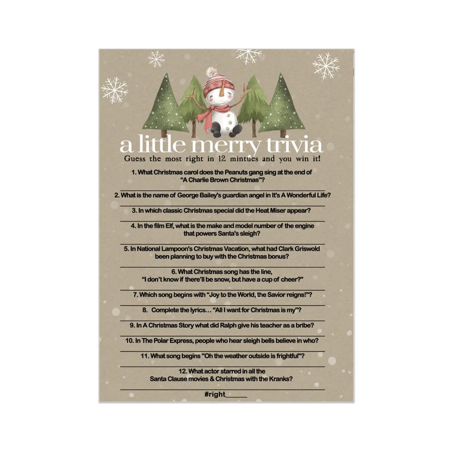 Snow Much Fun Trivia Game Holiday Party Activity with Movie and Song Questions for Adults, Office, Group, Snowman Thanksgiving, 25 Pack, 5x7 Cards, Version 4 - Paper Clever Party