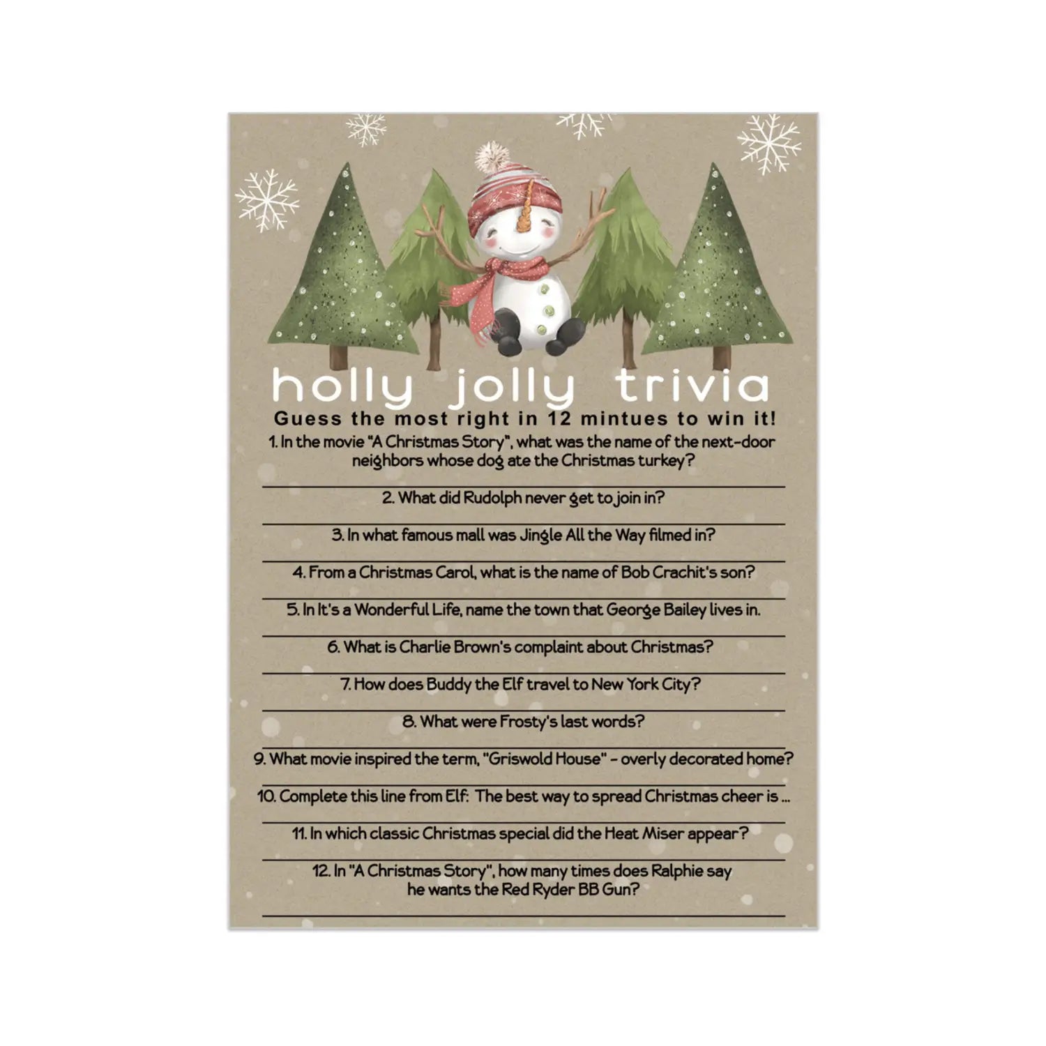 Snow much fun trivia game holiday party activity with movie and song questions for adults office group rustic