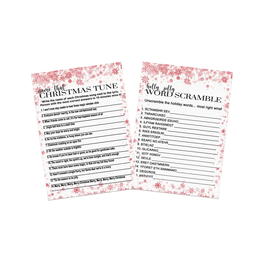 Snowflake Christmas Party Game 2 Pack, Holiday Trivia and Word Scramble, Double-Sided,Santa Baby, Red, 5x7 Cards, 25 Guests - Paper Clever Party