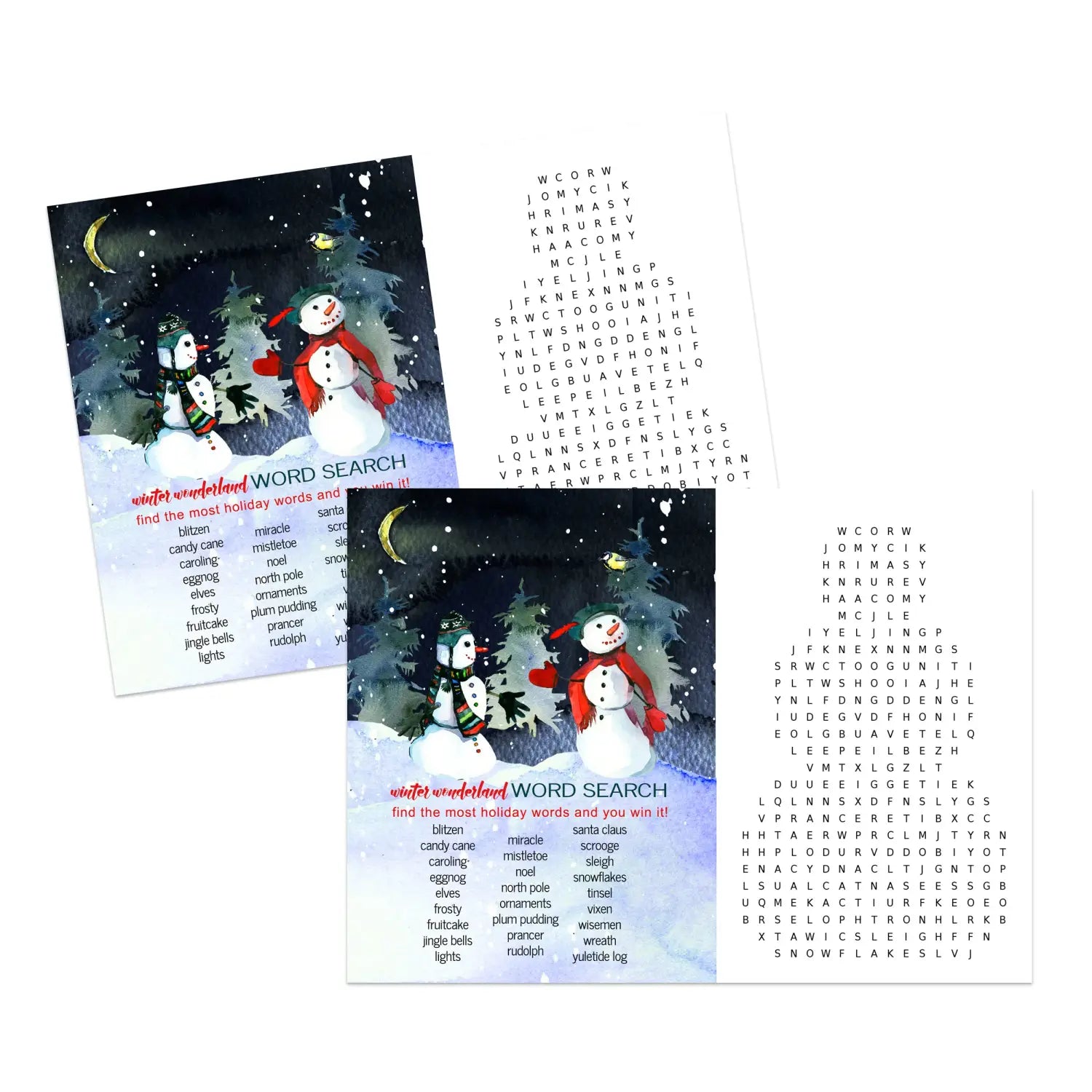 Snowman christmas game word search fun holiday party activity for thanksgiving groups adults rustic xmas 5x7 cards 25