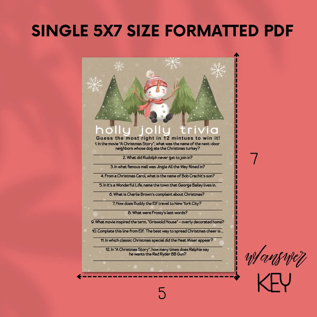 Snowman christmas trivia printable holiday game instant download version 3 - party games