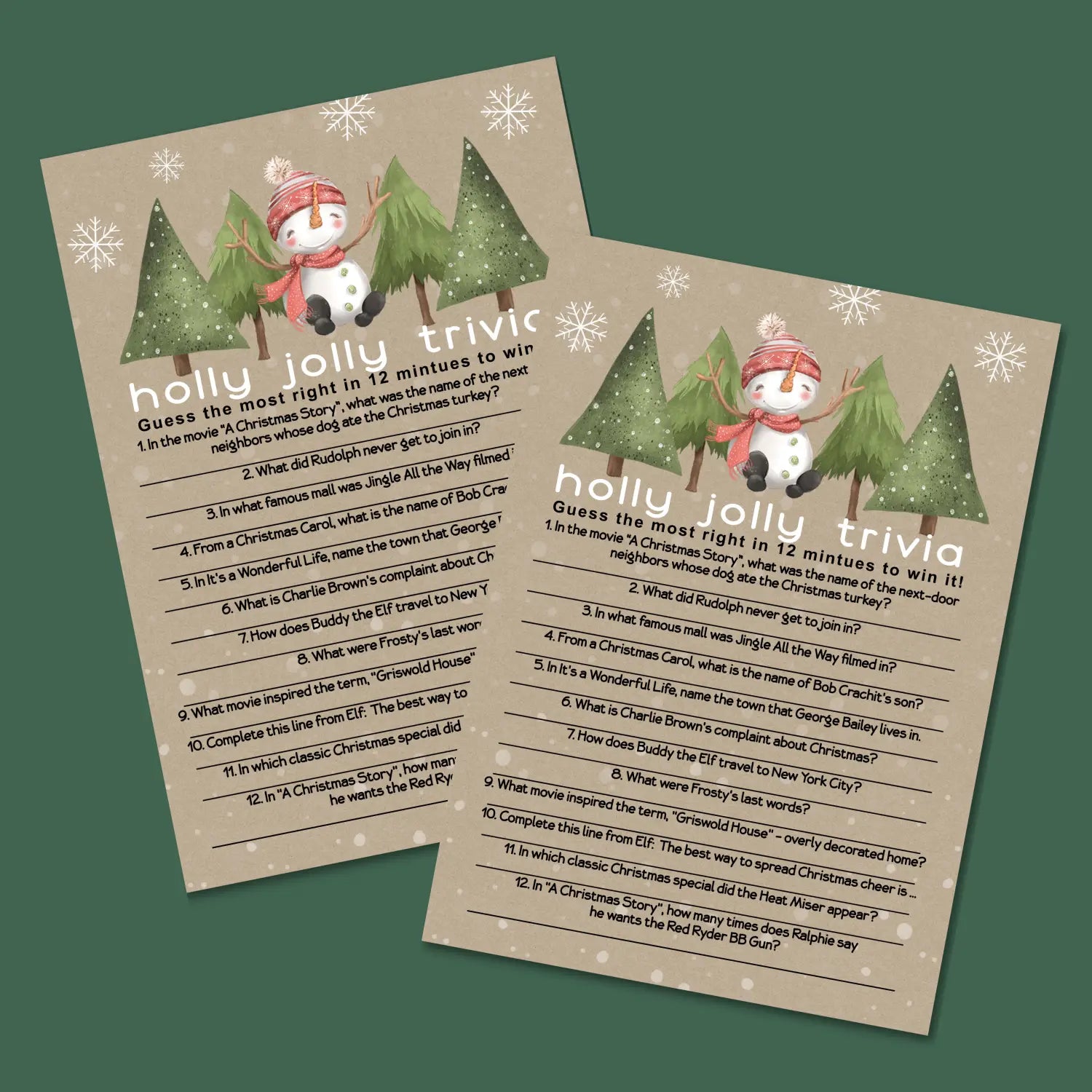 Snowman christmas trivia printable holiday game instant download version 3 - party games